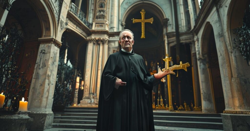 Wizerunek "arcybiskupa" Vicenza Paglii wyrażającego dezaprobatę dla dzwonu dedykowanego nienarodzonym dzieciom w katedrze w San Remo