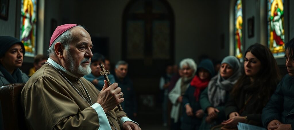 Arcybiskup Paolo Pezzi w moskiewskiej katedrze otoczony przez zróżnicowaną wspólnotę katolicką