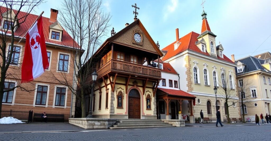 Arcybiskup Edgar Peña Parra w tradycyjnym ornaty przed starorzymskim kościołem symbolizującym herezję i korupcję