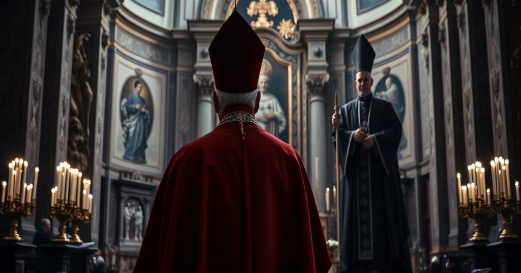 Arcybiskup Petar Rajič w tradycyjnych szatach kościelnych stoi przed wielkim ołtarzem w Bazylice Świętego Piotra z cieniutkim blaskiem kinkietów w tle.