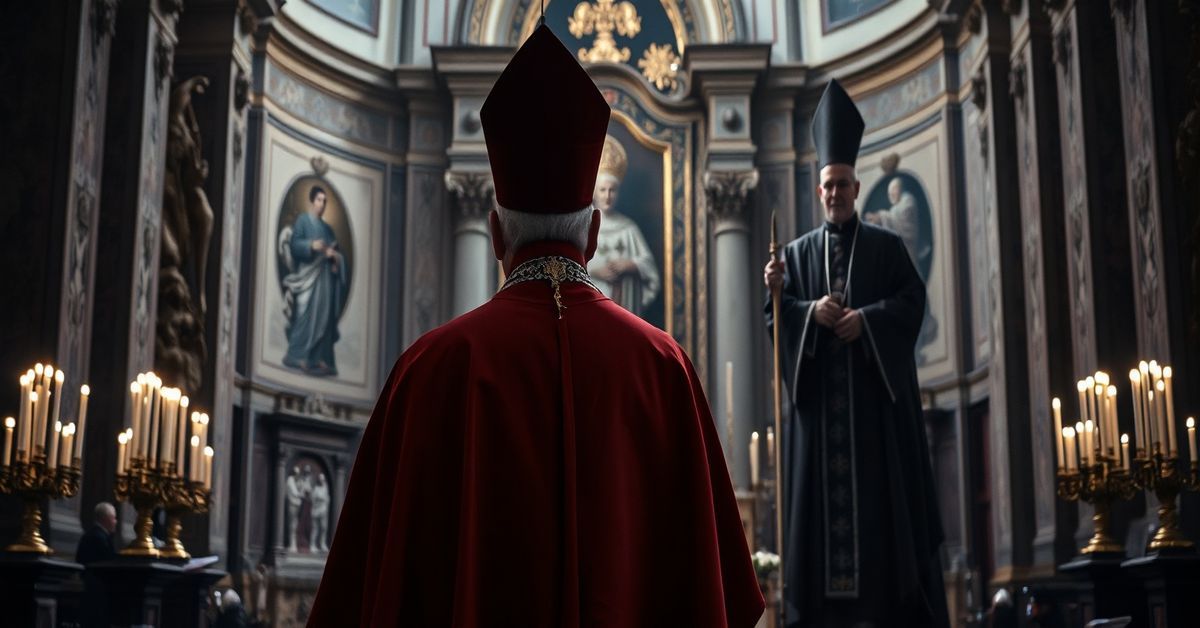Arcybiskup Petar Rajič w tradycyjnych szatach kościelnych stoi przed wielkim ołtarzem w Bazylice Świętego Piotra z cieniutkim blaskiem kinkietów w tle.
