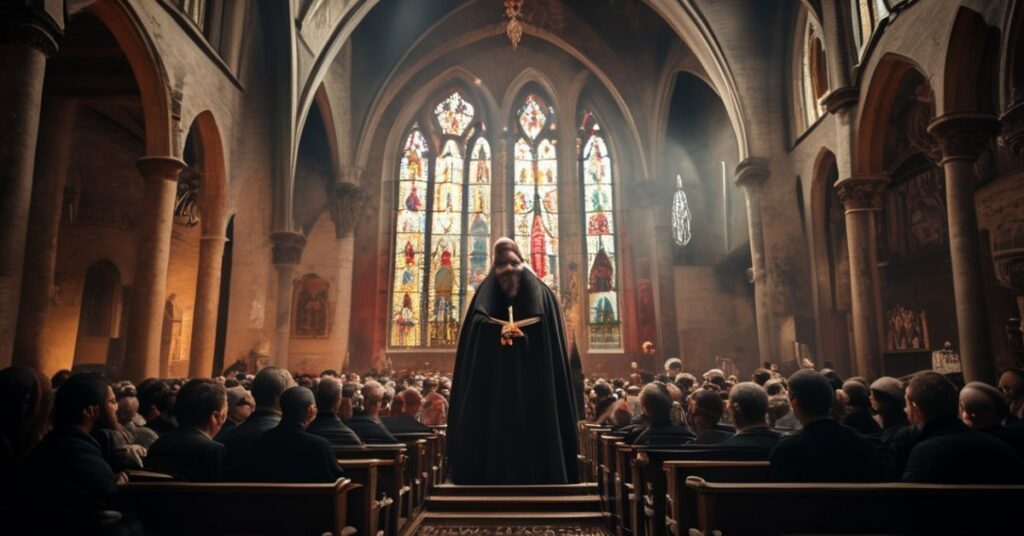 Arcybiskup Wojciech Polak wygłaszający kazanie w kościele św. Jana Chrzciciela w Gnieźnie, z akcentem na kontrast między tradycją katolicką a modernistycznymi odchyleniami.