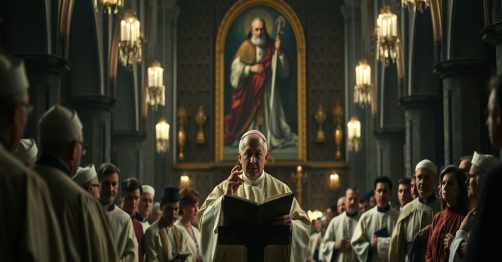 Arcybiskup Wojciech Polak wygłasza homilię w katedrze krakowskiej podczas rekolekcji „Tocz samość pasterza”, przedstawiona w tradycyjnym katolickim stylu.