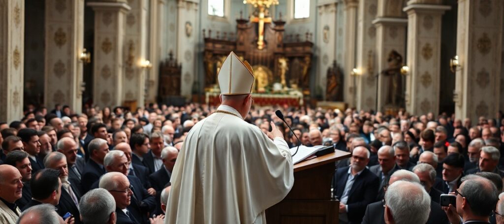 Arcybiskup Andrzej Przybylski podczas przemówienia do 80 tysięcy mężczyzn w sanktuarium Matki Bożej Sprawiedliwości i Miłości Społecznej w Piekarach Śląskich
