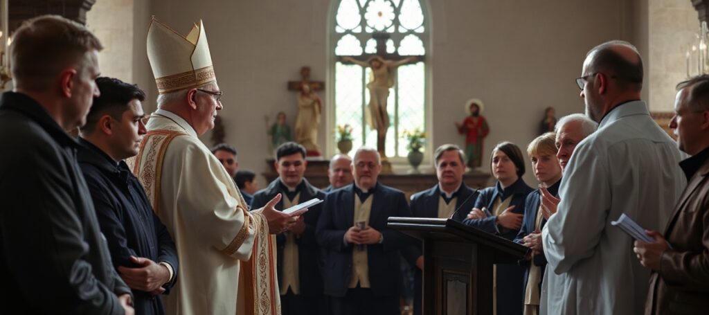 Arcybiskup Andrzej Przybylski przemawia do mężczyzn i młodzieży podczas pielgrzymki do Matki Bożej Sprawiedliwości i Miłości Społecznej w Piekarach Śląskich.