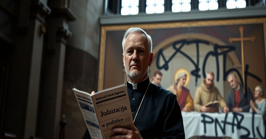 Obraz przedstawia 'arcybiskupa' Alexandra Sample'a w katedrze, symbolizujący zdradę Ewangelii i judaizację Kościoła.