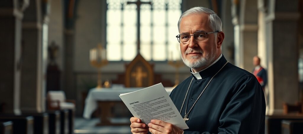 Arcybiskup Alexander Sample w tradycyjnym katolickim wnętrzu kościoła z listem o modlitwie św. Michała
