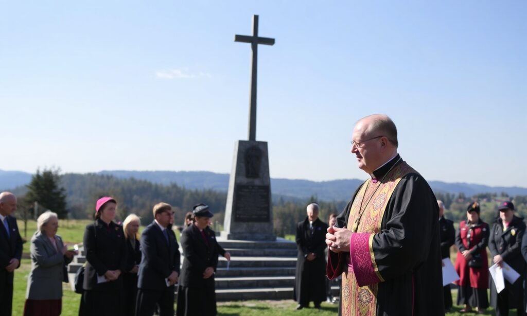 Arcybiskup Wiesław Śmigiel modli się przed pomnikiem więźniarek KL Ravensbrück w Chojnie
