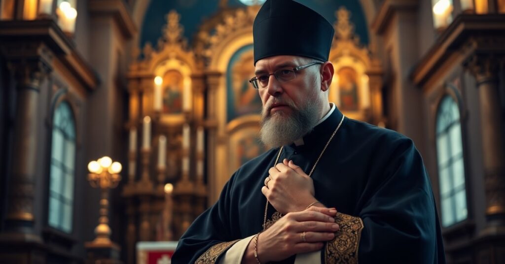 Arcybiskup Eugeniusz Szewczuk w cerkwi greckokatolickiej w Kijowie podczas uroczystej modlitwy - portret ukazujący kontrowersyjne stanowisko w sprawie ekumenizmu i Wołynia