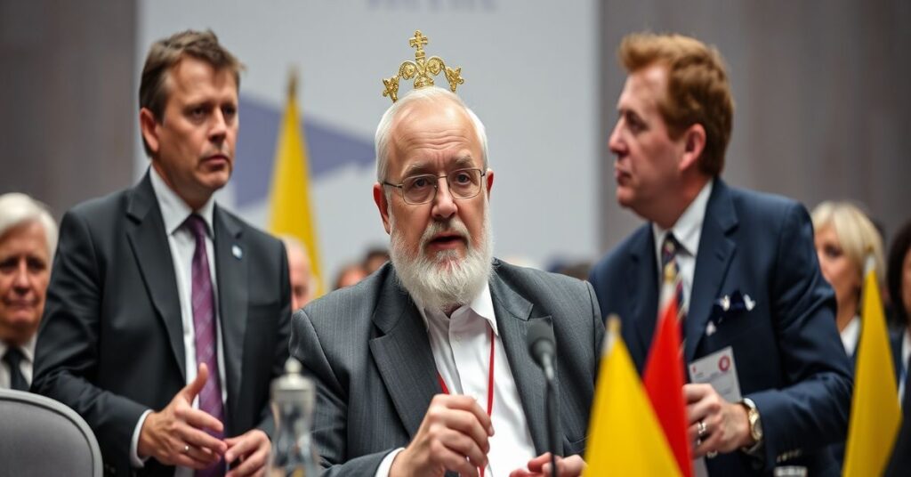 Arcybiskup Światosław Szewczuk podczas konferencji pokojowej w ruinach cerkwi w Ukrainie.