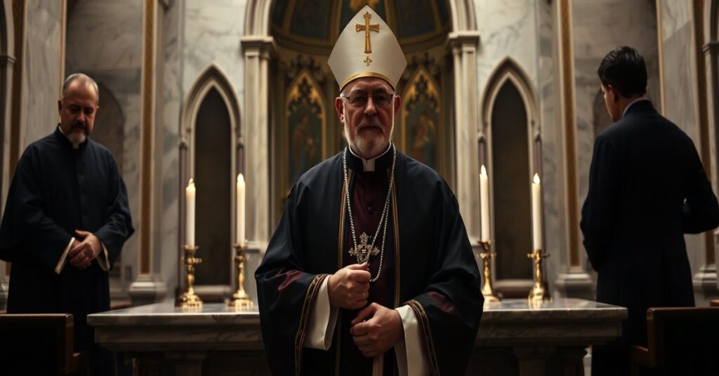 Obraz przedstawiający Arcybiskupa Świętosława Szewczuka w tradycyjnych szatach kościelnych stojącego przed ołtarzem w Watykanie. W tle widoczni są tajemniczy urzędnicy watykańscy, symbolizujący przenikanie rosyjskiej propagandy. Scena oddaje konflikt między prawdziwym Kościołem Katolickim a modernistycznymi strukturami posoborowymi.