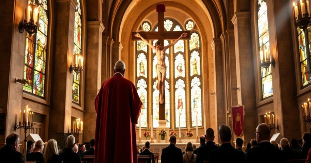 Kardynał Dominique Joseph Mathieu i 'kardynał' Baldassare Reina podczas nabożeństwa w Bazylice Świętego Krzyża z Jerozolimy w Wielkim Poniedziałek 2026 r., modlący się o pokój w Zatoce Perskiej.