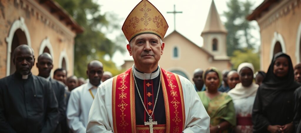 Obraz przedstawiający arcybiskupa Tomasza Grysę w tradycyjnych szatach kościelnych w Ugandzie