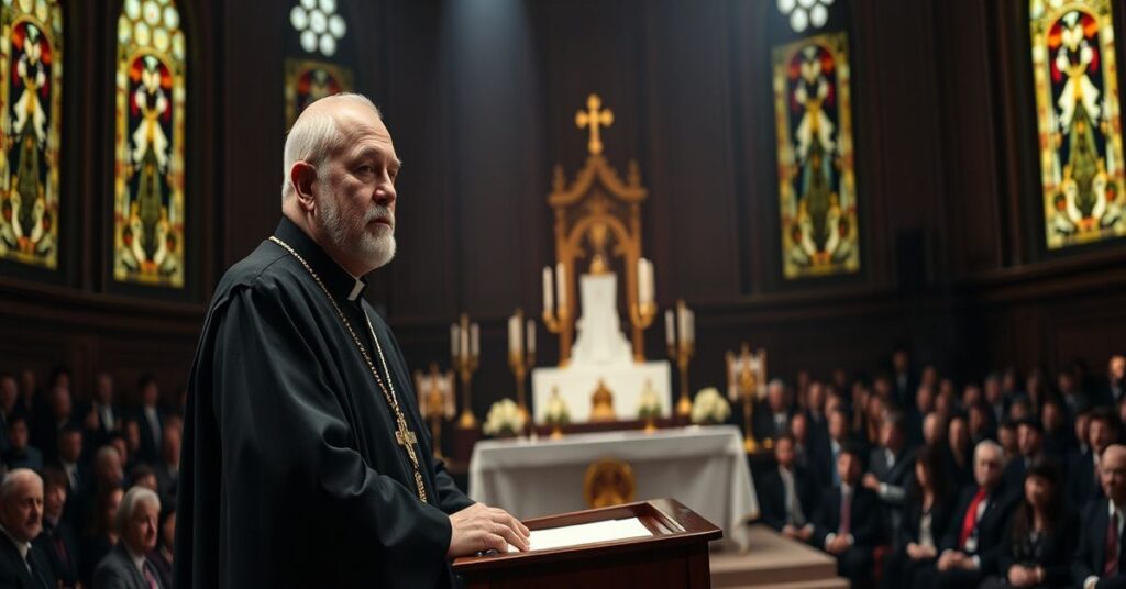 Portret arcybiskupa Visvaldasa Kulbokasa podczas konferencji w Kijowie, otoczonego tradycyjnymi motywami katolickimi.
