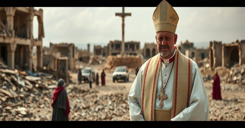 Arcybiskup Warda w tradycyjnych szatach kościelnych na tle zniszczonego Iraku, symbolizujący kryzys wiary i brak nauczania o Królestwie Chrystusa