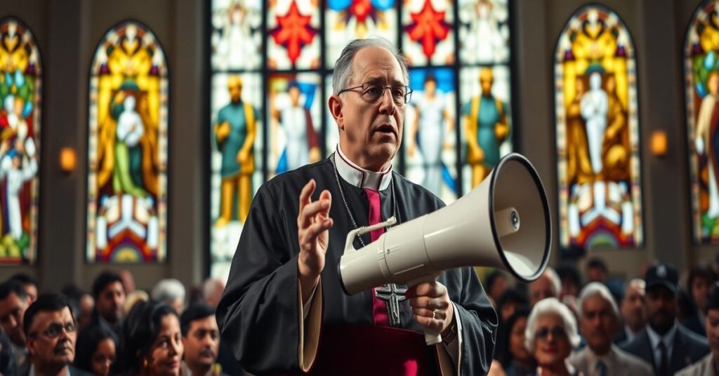 Portret 'arcybiskupa' Thomasa Wenskiego z Miami podczas przemówienia przed współczesną wnętrzem kościelnym z witrażami przedstawiającymi symbole globalistyczne. Na tle widoczna jest tłumnia imigrantów i przedsiębiorców. Wenski gestykuluje niespokojnie trzymając megafon.