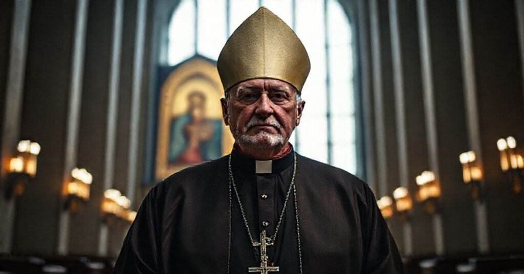 Portret arcybiskupa Tadeusza Wojdy w nowoczesnej katedrze, symbolizujący jego apostazję i odrzucenie katolickiej doktryny