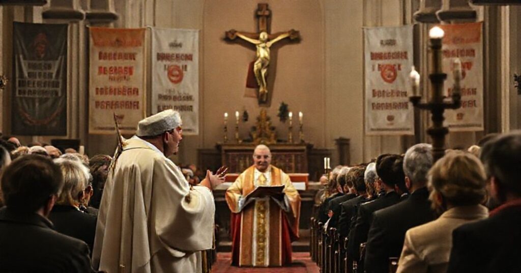 Arcybiskup Tadeusz Wojda podczas rewolucyjnego przemówienia w sanktuarium w Skarżysku; tradycyjni katolicy wyrazili rozczarowanie fałszywym pojęciem miłosierdzia.
