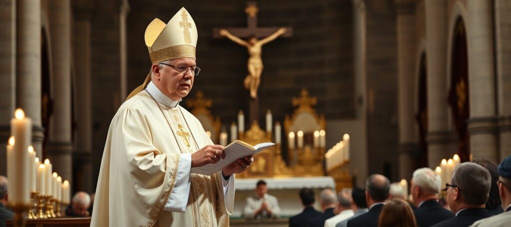Arcybiskup Zbigniew Zieliński podczas Mszy św. w Katedrze Poznańskiej, ukazujący rodzinę jako 'pierwsze seminarium' w kontekście modernistycznej duchowości.