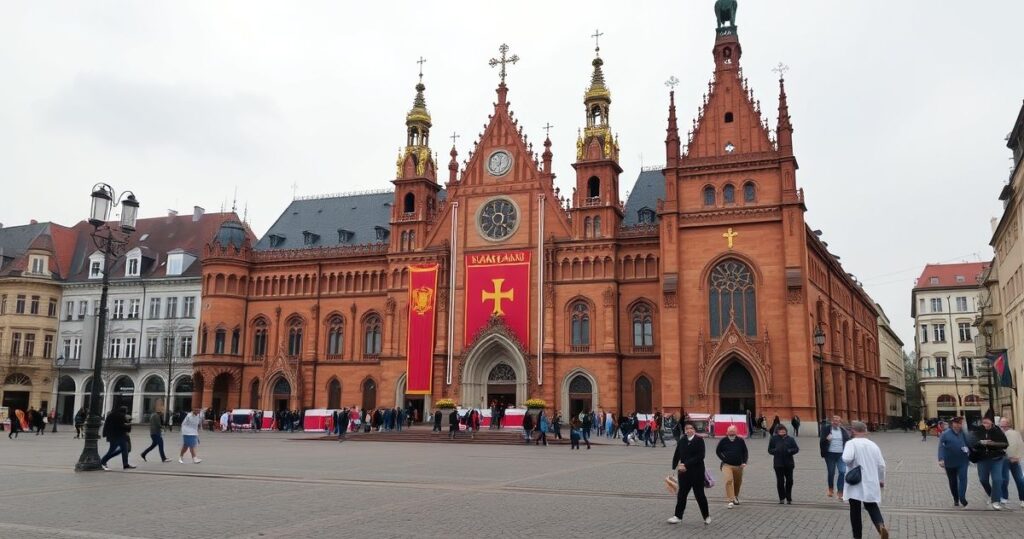Arcybiskup Krakowa w tradycyjnym stroju, głoszący kazanie w starej świątyni, symbolizujący wierność katolickim wartościom i tradycji.