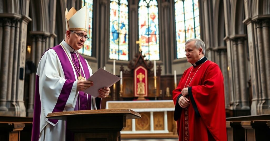 Arcybiskup Tadeusz Wojda składa gratulacje biskupowi Heinerowi Wilmerowi w gotyckiej katedrze - symbol posoborowej kurii bez prawdziwej wiary