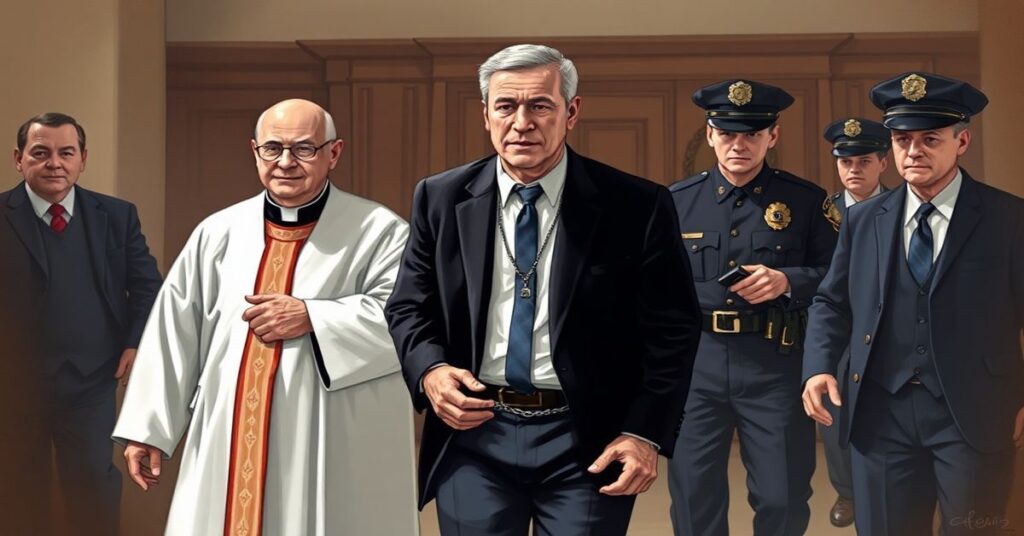 Zdjęcie przedstawiające aresztowanie Chada-Alana Carra, byłego demokratycznego burmistrza i aktywisty homoseksualnego, który stał się symbolem upadku moralnego. Scena jest ustawiona w poważnym wnętrzu sądu lub komisariatu policji.