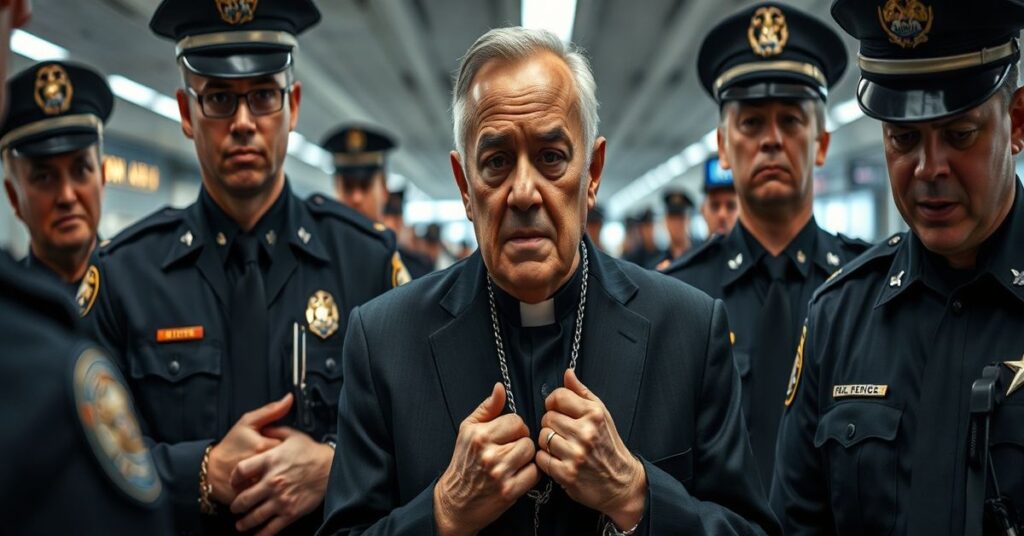 Obraz aresztowania Emanuela Shalety, rzekomego biskupa chaldejskiego w San Diego, podczas próby ucieczki z kraju.