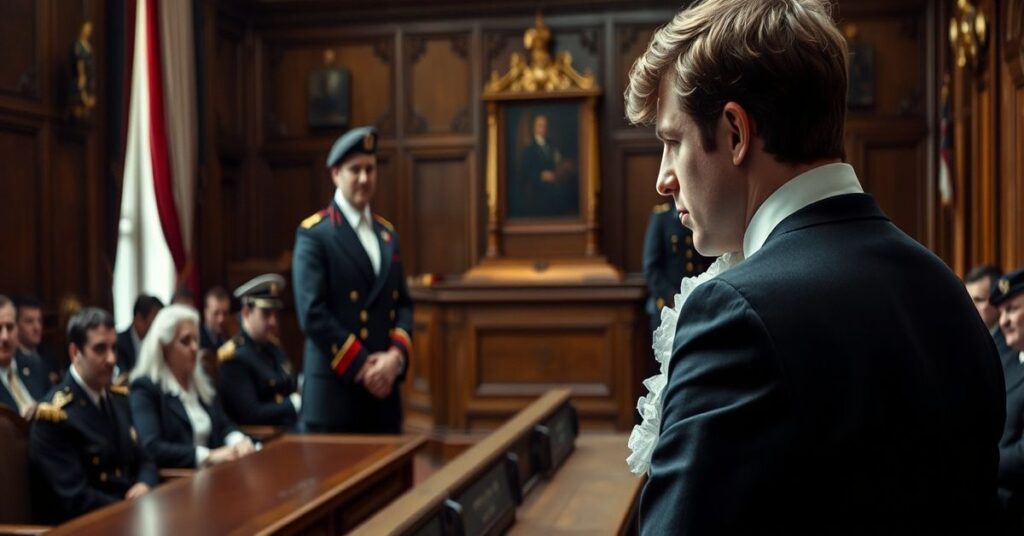 Obraz przedstawiający aresztowanie księcia Andrzeja w sądzie brytyjskim z królem Karolem III i policją w tle. Scena podkreśla moralny upadek i brak boskiej sprawiedliwości w świeckiej władzy.