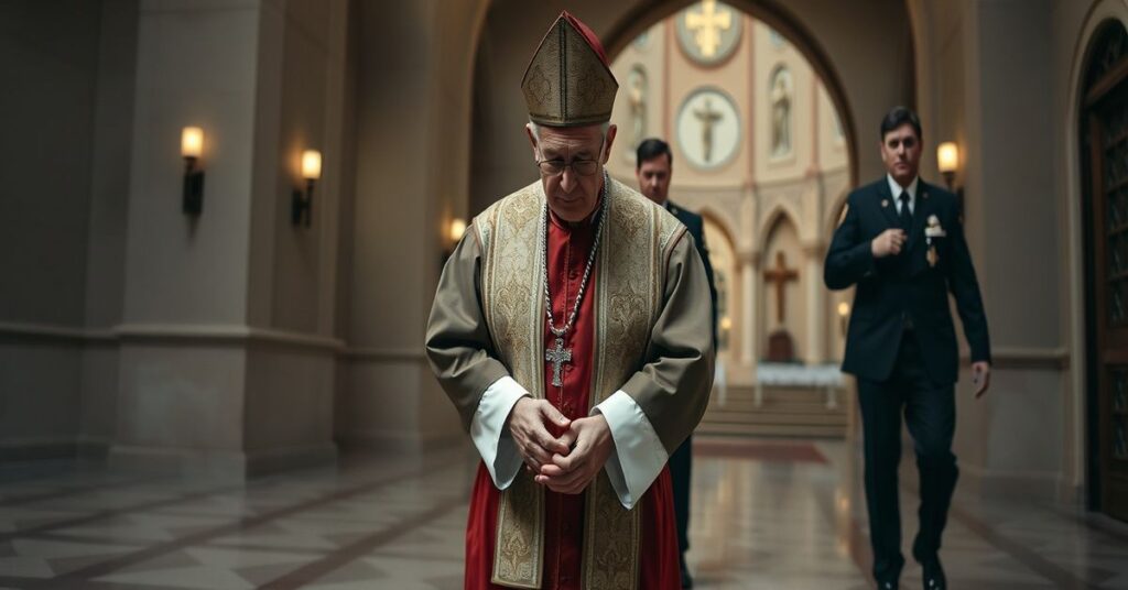 Aresztowany biskup Emanuele Shaleta w towarzystwie policjantów przed kościołem w San Diego