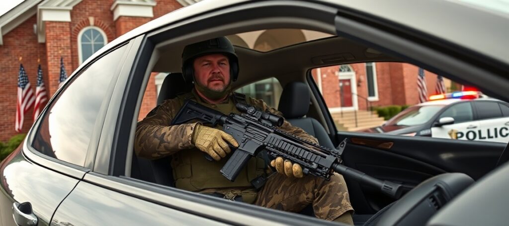 Ujęcie aresztowanego terrorysty z bronią przed metodystycznym kościołem w Karolinie Północnej – realistyczna scena policyjnej interwencji