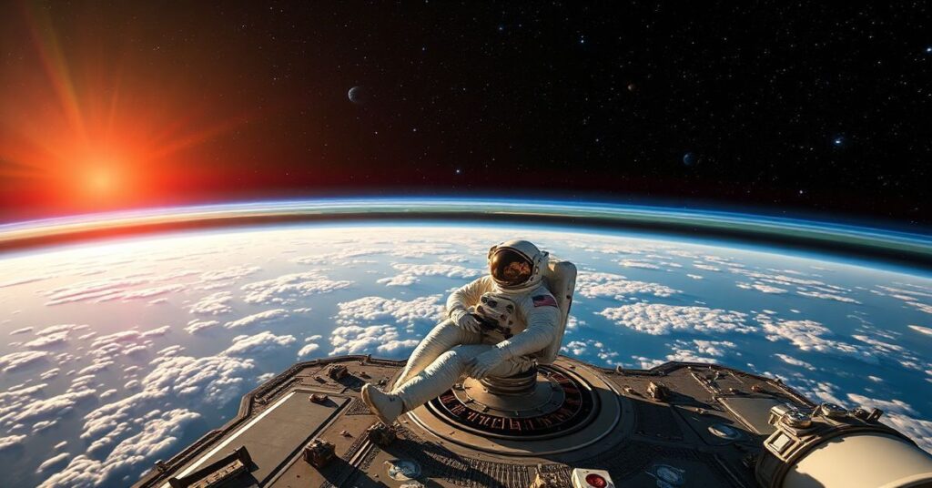 Tradycyjny katolicki kapłan modlący się przed startem rakiety Artemis II na Przylądku Canaveral z widocznym Księżycem na niebie