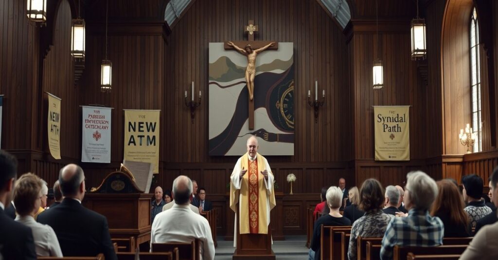 Wnętrze kościoła z amboną, na której stoi „biskup” Artur Ważny podczas wystąpienia o „katechezie parafialnej” w otoczeniu modernistycznych banerów i świeckich „katechistów”.