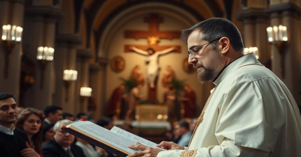 Artur Ważny w czasie kazania w Sosnowieckiej katedrze podczas liturgii Męki Pańskiej