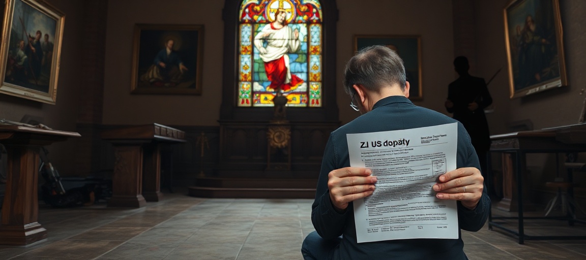 Artysta i materializm - duchowa pustka polskiej kultury Młody artysta modlący się przed ołtarzem w ciemnej kościelnej kaplicy z widokiem Chrystusa Króla w witrażu