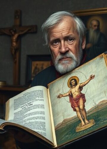 Artysta w kryzysie duchowym - katolicka perspektywa Obraz przedstawiający artystę w tradycyjnym studiu otoczonego sakralnym sztuką i symbolami religijnymi, z biblią otwartą na Mateusza 16:26 i krzyżem w tle.