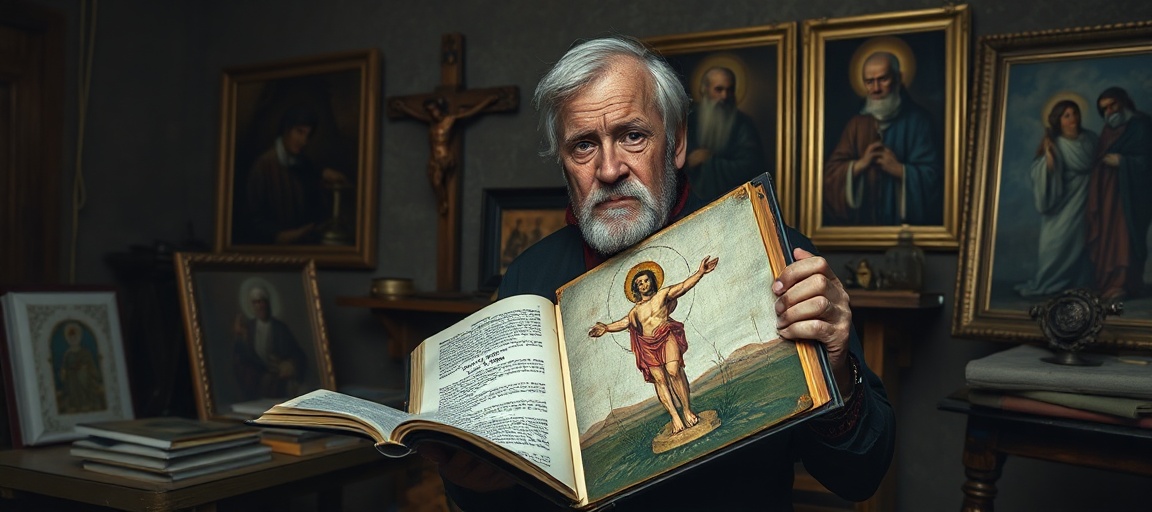 Artysta w kryzysie duchowym - katolicka perspektywa Obraz przedstawiający artystę w tradycyjnym studiu otoczonego sakralnym sztuką i symbolami religijnymi, z biblią otwartą na Mateusza 16:26 i krzyżem w tle.