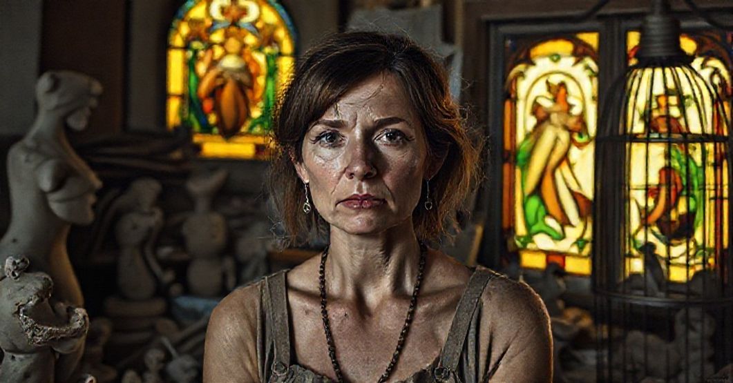 Portret zniechęconej rzeźbiarki w hałastym atelierze z niedokończonymi figurami z gliny. Otoczenie podkreśla brak duchowych wartości w sztuce.