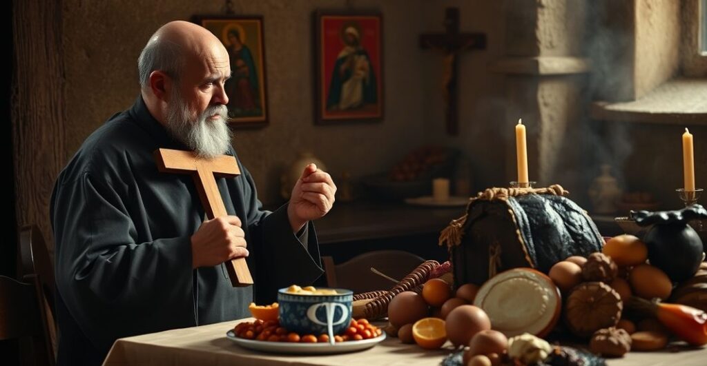 Mnich w prostej celi, patrząc na rozkoszny, rozkoszny stół, symbolizujący kontrast między duchową dyscypliną a światowymi pożądliwościami