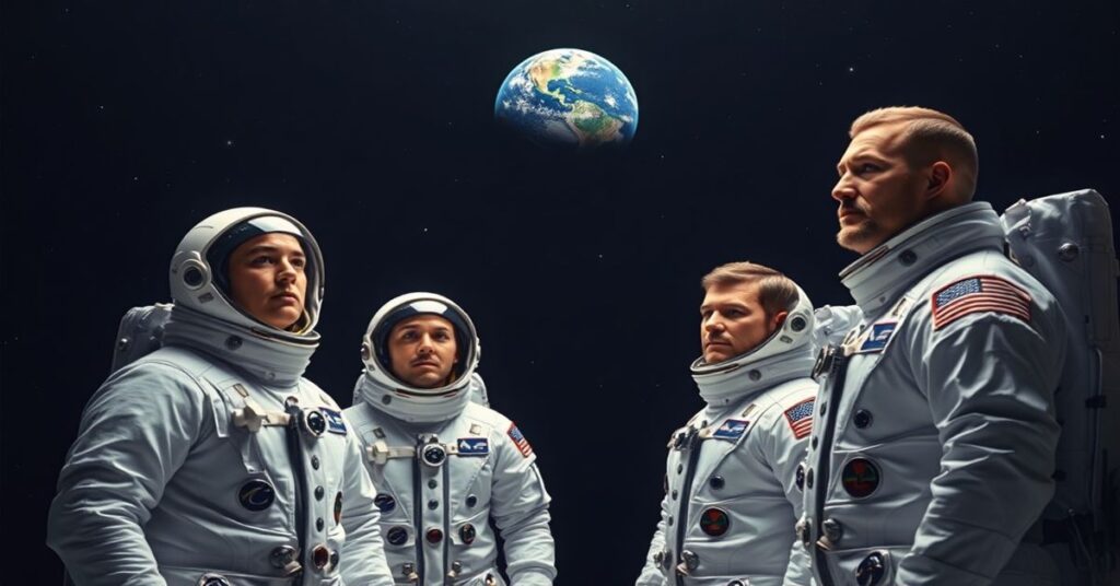 Astronauci Reid Wiseman, Christina Koch, Jeremy Hansen i Victor Glover w kosmosie przed tłem Ziemi.