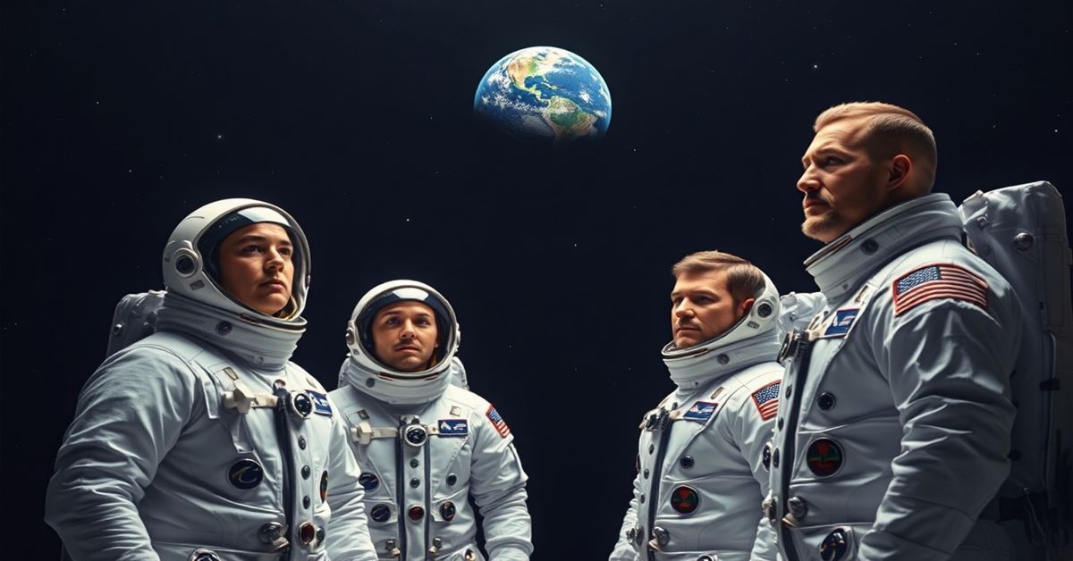 Astronauci Reid Wiseman, Christina Koch, Jeremy Hansen i Victor Glover w kosmosie przed tłem Ziemi.