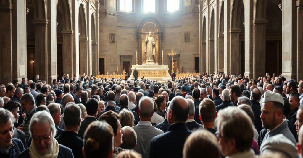 Pielgrzymi w Asyżu przed relikwiami św. Franciszka - głębokie nabożeństwo i tradycyjna wierność (Polscy wierni wśród tłumu)