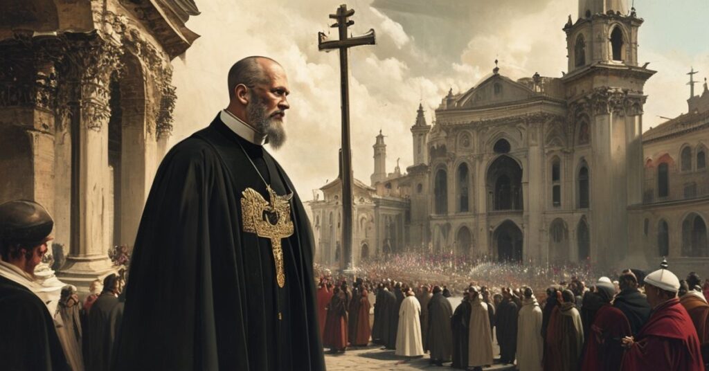 Arcybiskup Felice Accrocca w Asyżu podczas festiwalu ekumenicznego na tle bazyliki św. Franciszka