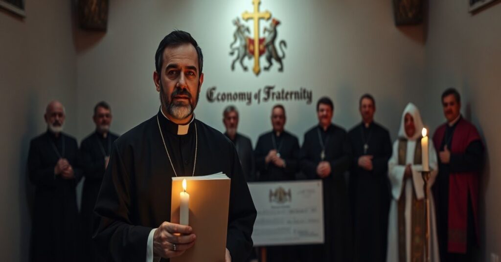 Tradycyjny ksiądz sedewakantysta w Asyżu z encykliką "Quas primas" w tle modernistów wręczających nagrodę "Ekonomii Braterstwa"