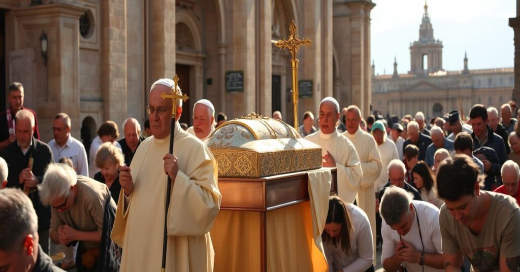 Pielgrzymka do relikwii św. Franciszka w Asyżu z tradycyjnymi katolikami modlącymi się w procesji.