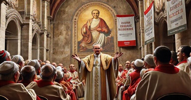 Obraz przedstawiający rzekomego papieża Leona XIV przemawiającemu do fałszywych biskupów w Asyżu, z tradycyjnymi elementami architektury katolickiej w tle.