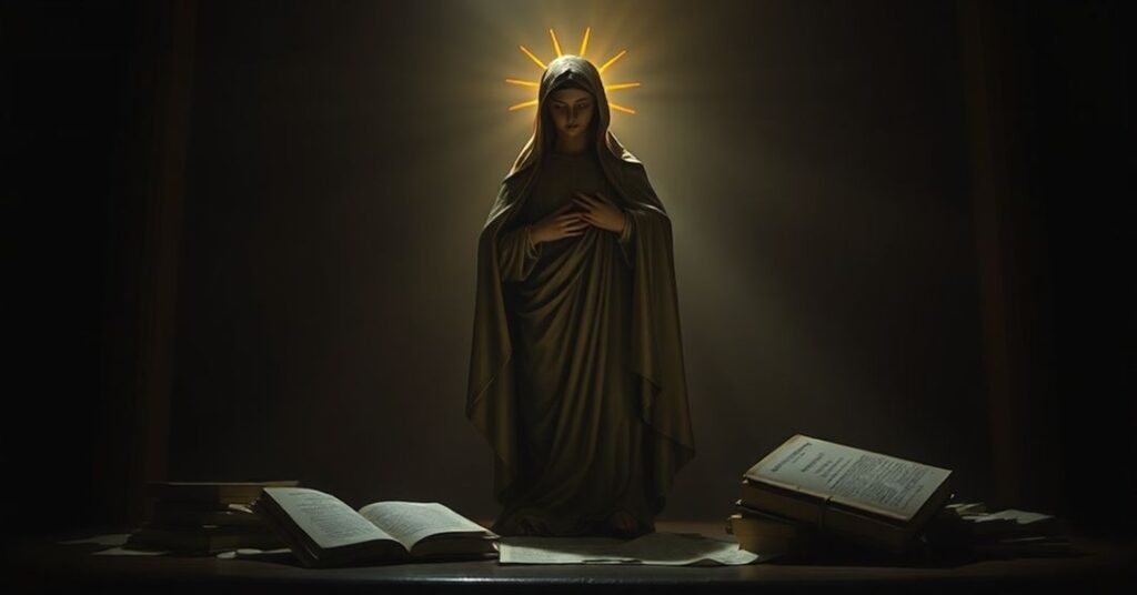 Rzeżbista scena katolicka przedstawiająca tradycyjną statuę Najświętszej Maryi Panny w ciemnym kościele.