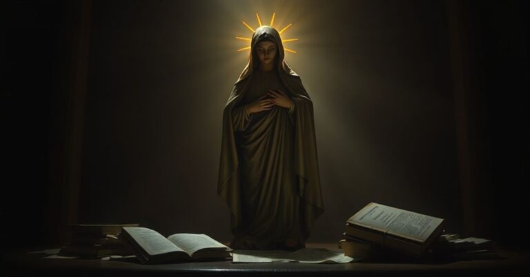 Rzeżbista scena katolicka przedstawiająca tradycyjną statuę Najświętszej Maryi Panny w ciemnym kościele.