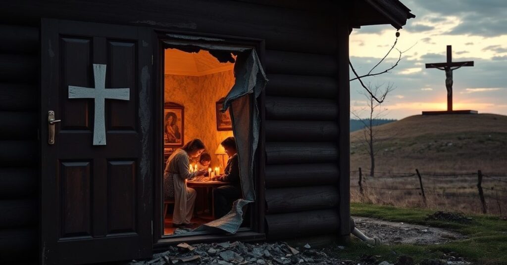 Zniszczony dom rodziny Fijałkowskich w Trzyniku po ataku koktajlem Mołotowa, z widocznym krzyżem na drzwiach i rodzinną modlitwą w domu.