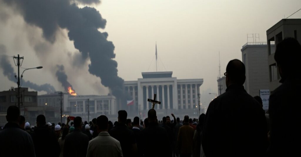 Purpurowy dym unosi się nad Teheranem po ataku Izraela i Stanów Zjednoczonych w 2026 roku. Na pierwszym planie stoi katolicki ksiądz modlący się z krzyżem w ręku, otoczony przerażonymi cywilami. Na tle widoczne jest nowoczesne budynek rządowy bez symboli religijnych.