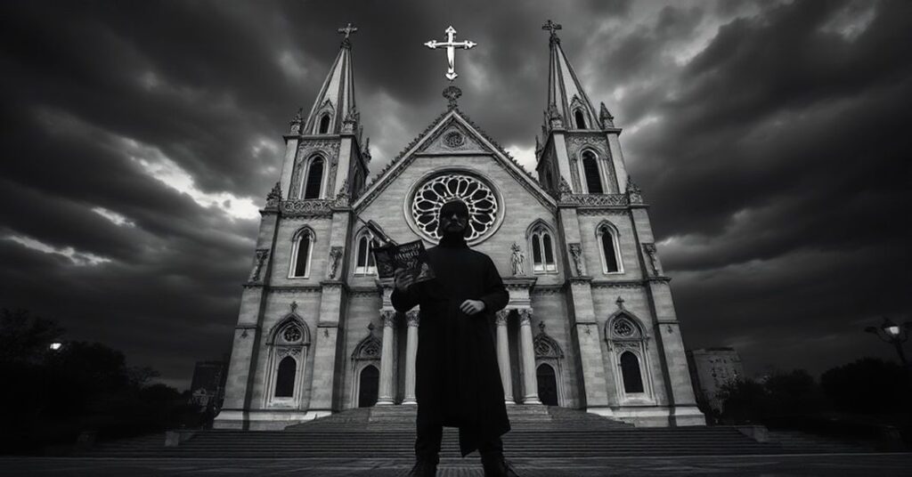 Czarno-biały zdjęcie przedstawiająca osobę trzymającą materiały satanistyczne i ładunki wybuchowe przed katedrą św. Mateusza w Waszyngtonie